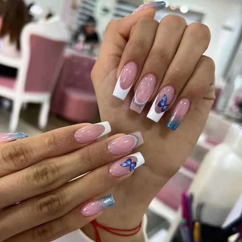24 pieces of medium to long French fake nails square fake nails with butterfly design wearable decorative nail tips ballet nail press W240905