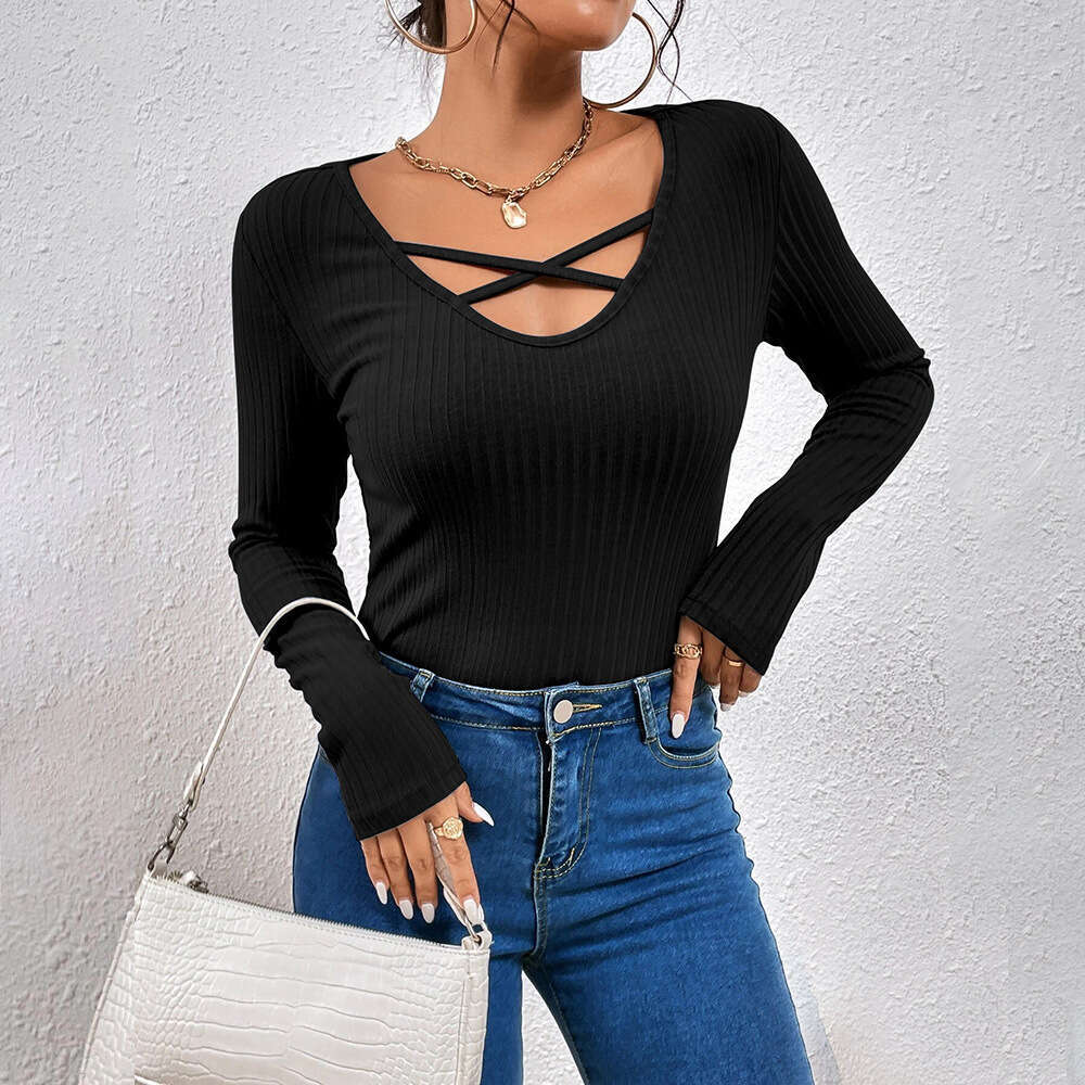 Women's 2024 style V-neck slim fit, long sleeves, inner T-shirt as a base, outer layer with top