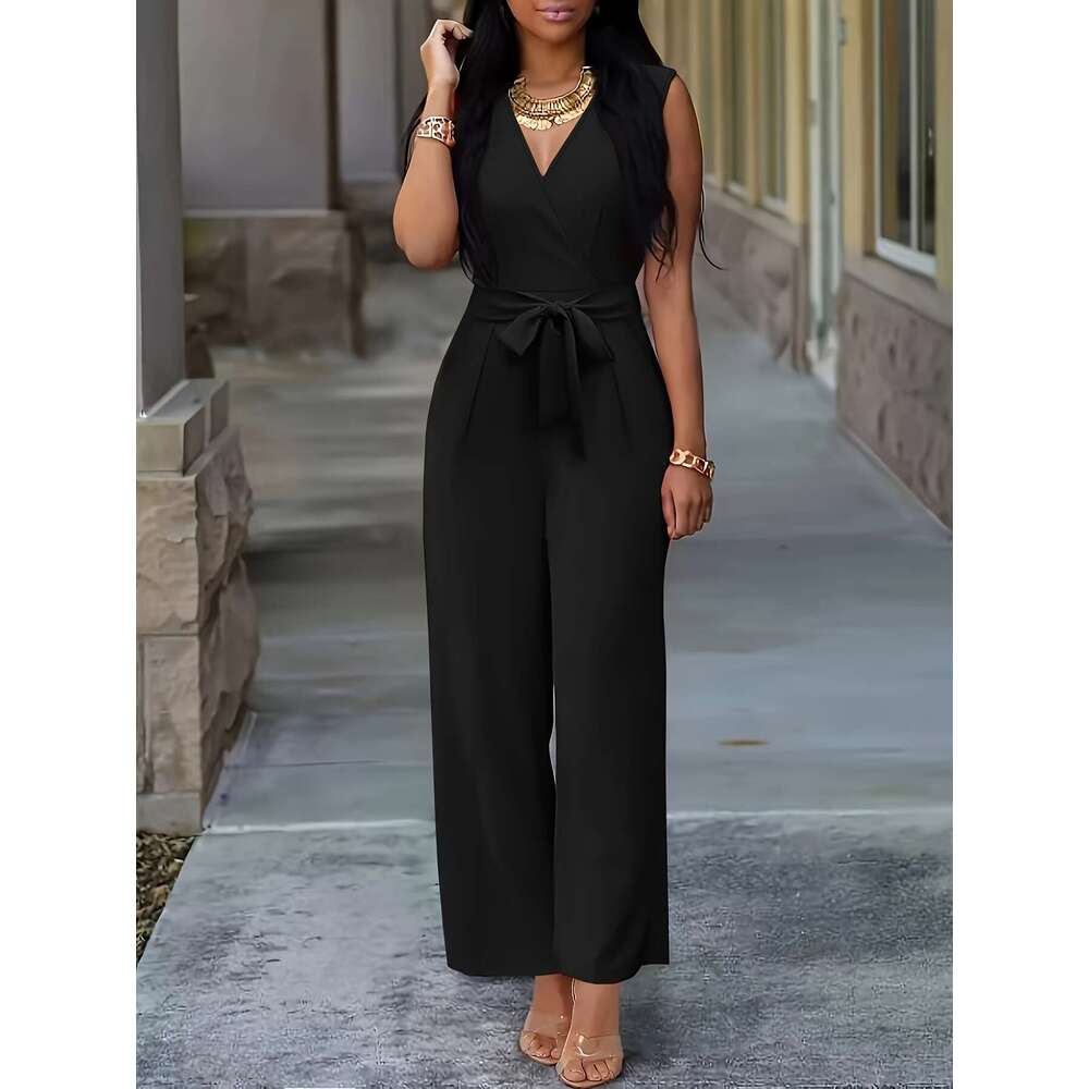2024 Spring/Summer Women's New V-neck Wide Leg Sleeveless waist belt jumpsuit Female 0
