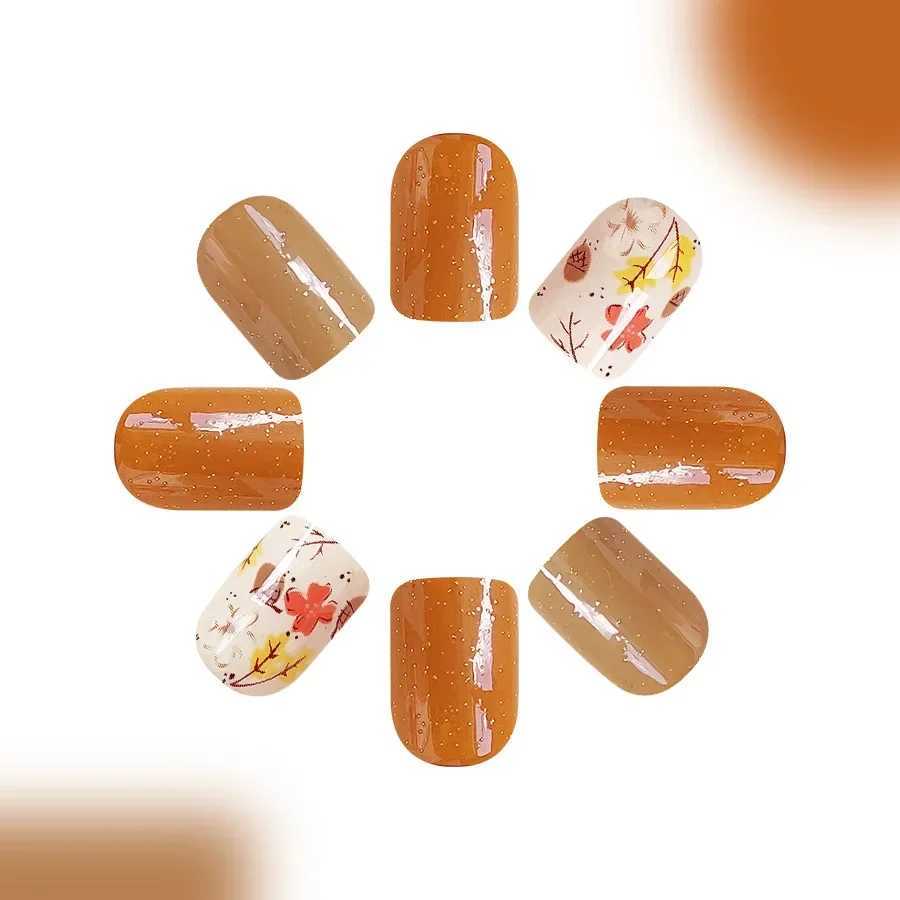 24 piece short press nail set with square shiny star design orange flower nail tips for autumn and winter fake nails womens clothing W240905