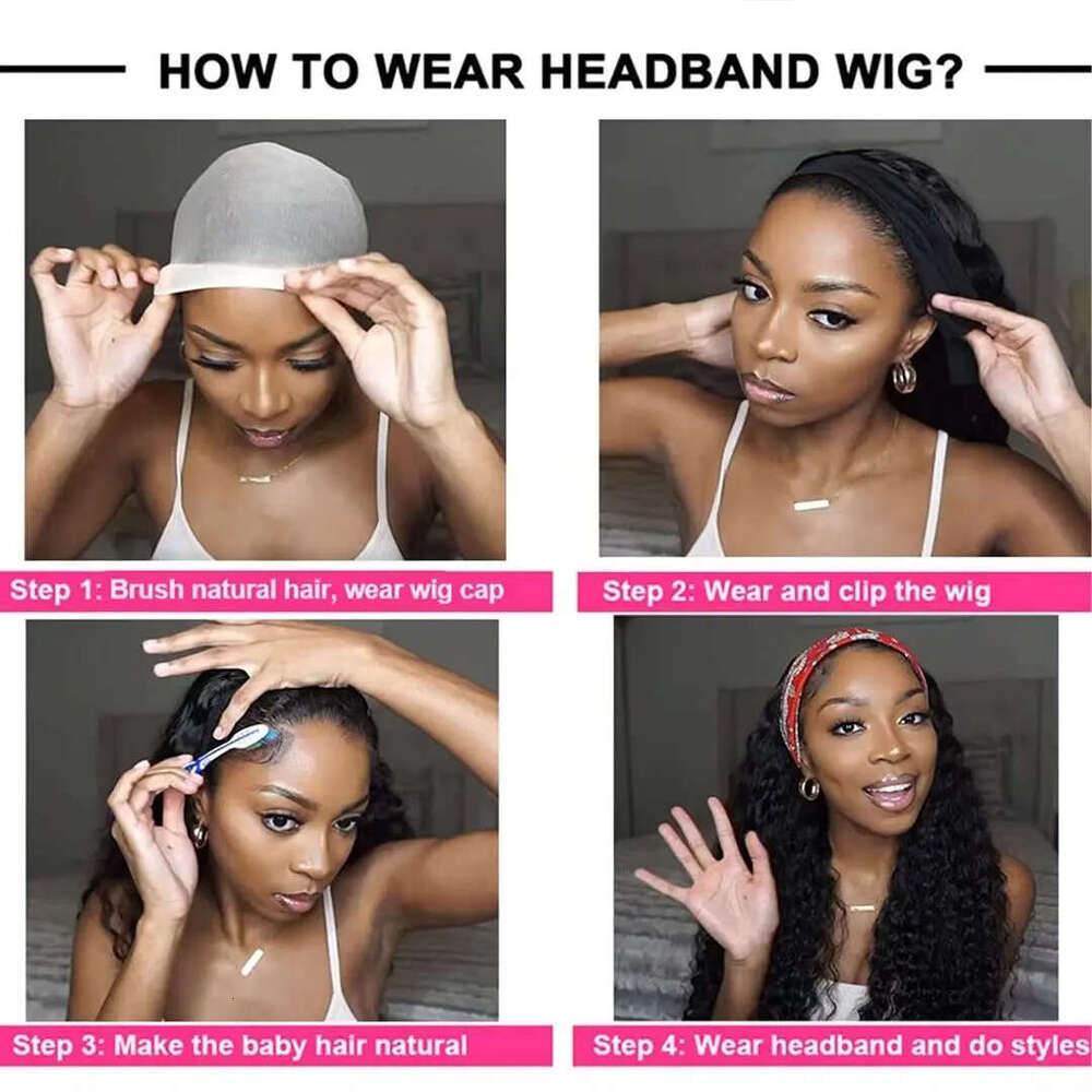Wave 12 Inch Headband Wigs Hine Made No Glue Deep Curly Human Hair Wig