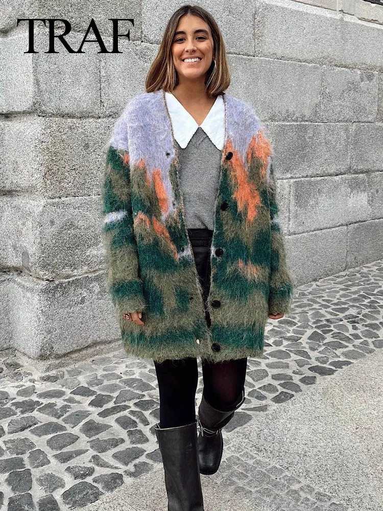 TRAF Autumn Womens Casual Printed Knitted Open Collar Woolen Sweater Loose Vneck Long Street Fashion Retro Coat 240905