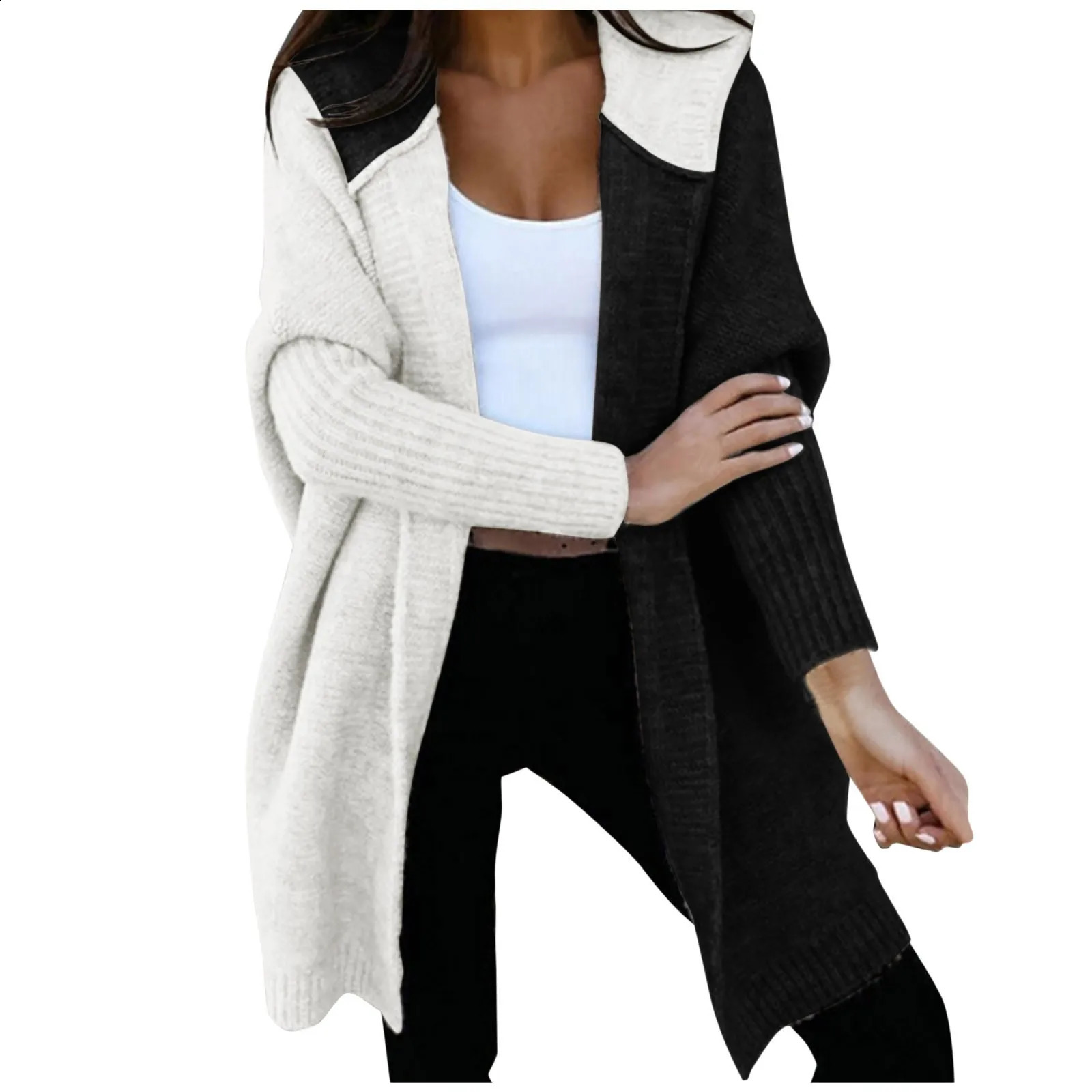 Womens loose knitted sweater jacket fashionable open style long sleeved hooded cardigan woolen colorful 240905