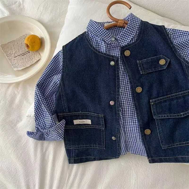 Childrens Shirt 2024 Autumn New Boys and Girls Fine Pocket Shirt Baby Simple Blue Check Shirt 90-140cm Y240906