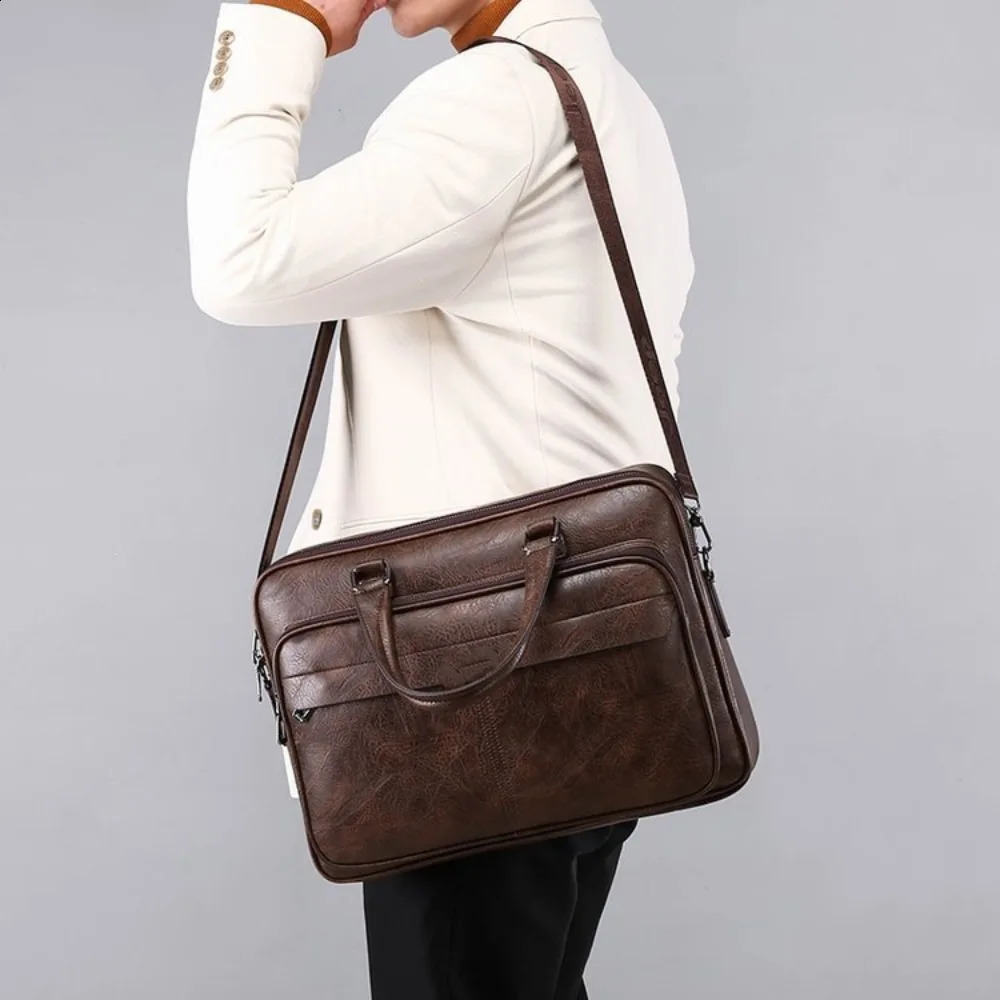 Mens business bag large capacity Pu leather y briefcase handbag Bolsas black waterproof shoulder cross body 240906