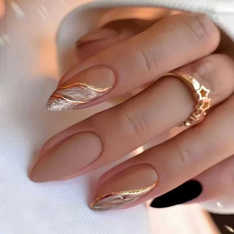 24 long holiday nails with almond shaped design brown gold thread fake nails oval shape wearable French style pressed nail tips W240905