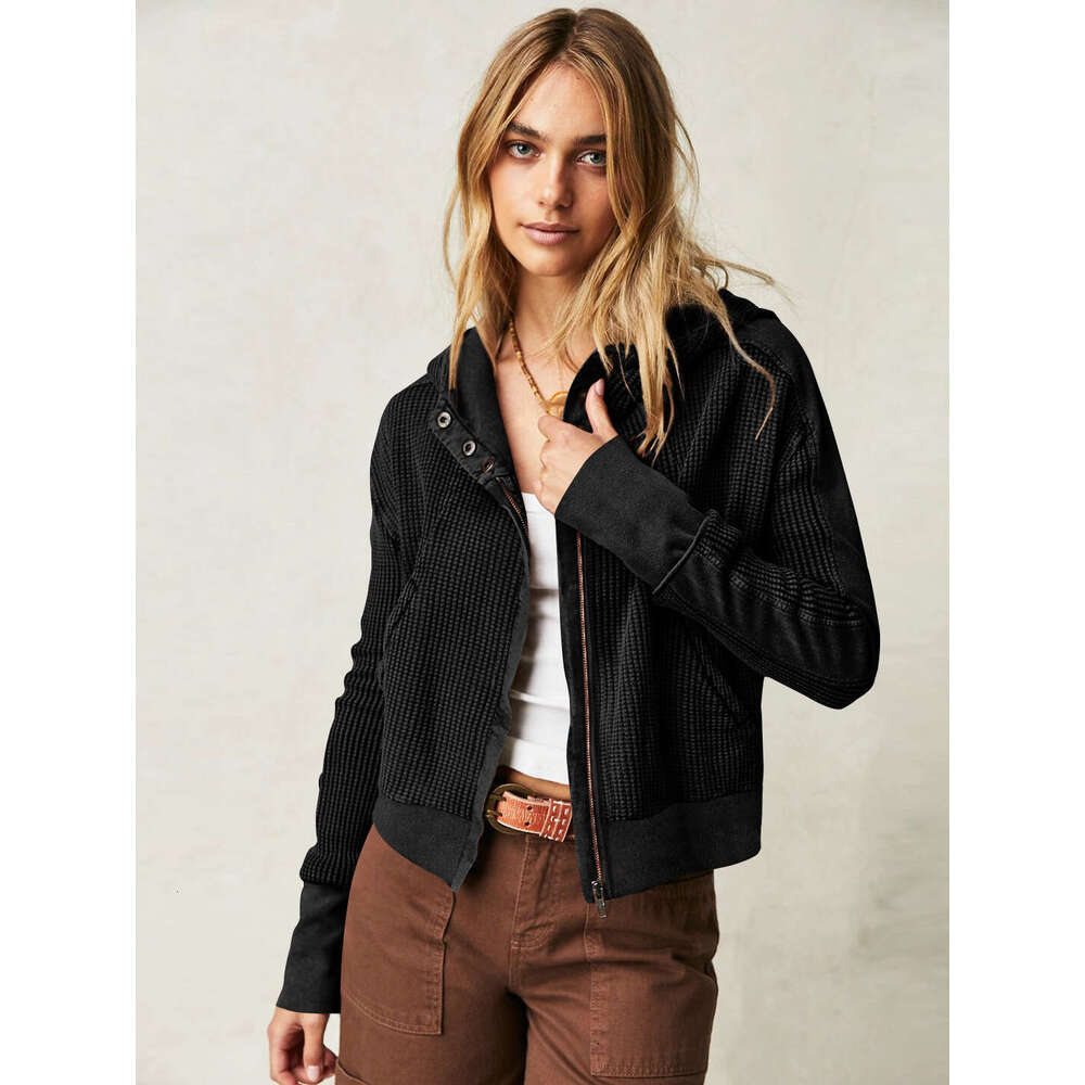 Jacket patchwork Women's hooded sweater Lazy style zippered hoodie Short knit