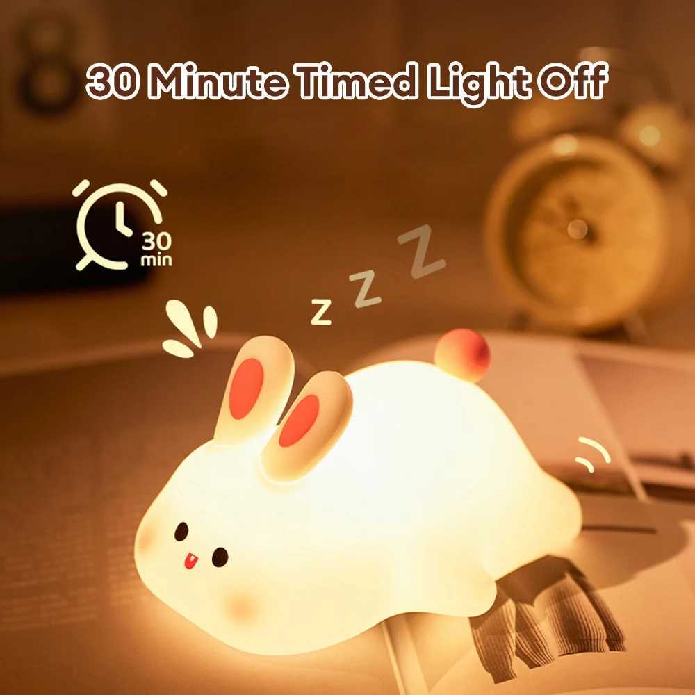 LED Cute Rabbit Silicone Light USB Charging Timer Bedside Decorative Light 3-level Dimmable Breast Feeding Kindergarten Night Light W240816
