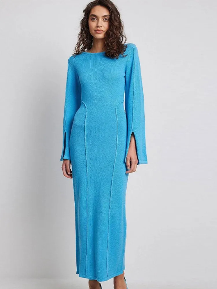 Womens Knitted Maxi Dress Fashion Blue Patchwork Elegant O-Collar Splicing Long Sleeve Ultra Thin Dress Womens Solid Color Party Club Robe 240906