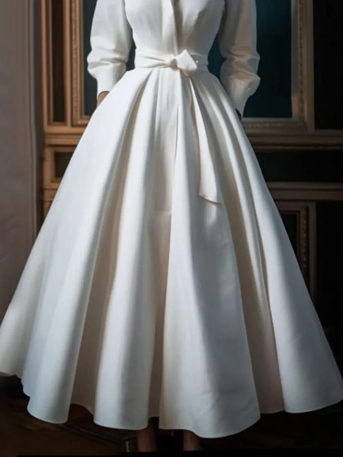Womens elegant shirt dress long sleeved stand up collar white minimalist A-line pleated wedding guest dress Blet 240906