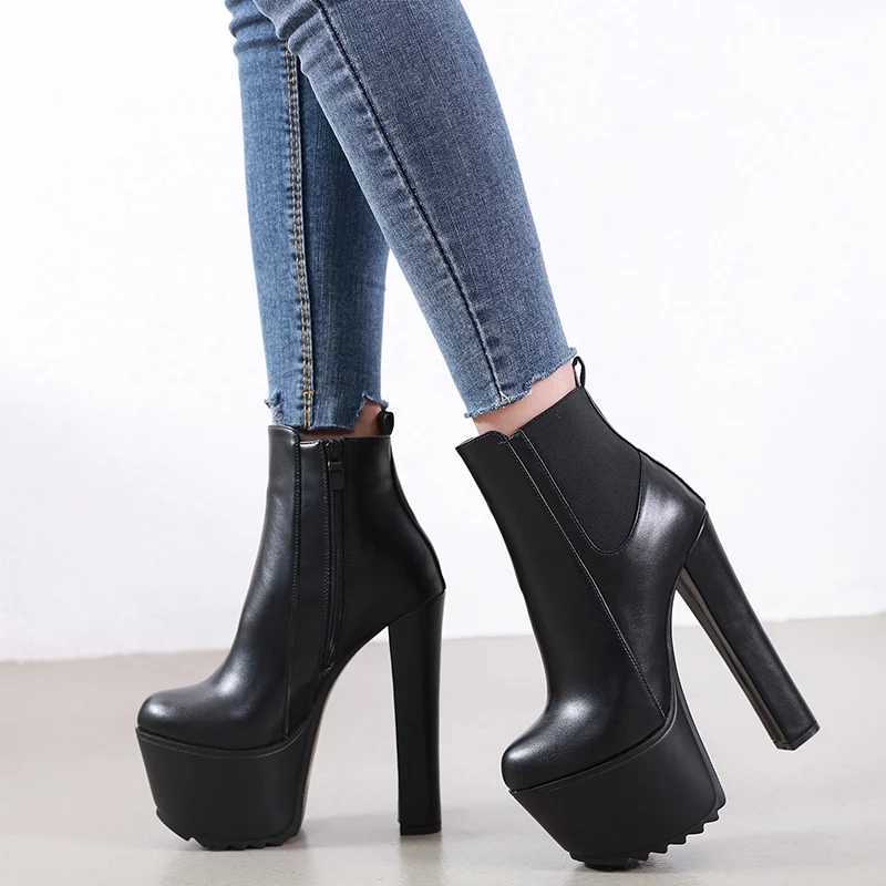 Newly arrived 16cm high heels womens short boots leather spring autumn winter womens ankle boots platform thick boots womens shoes 40 CL240906