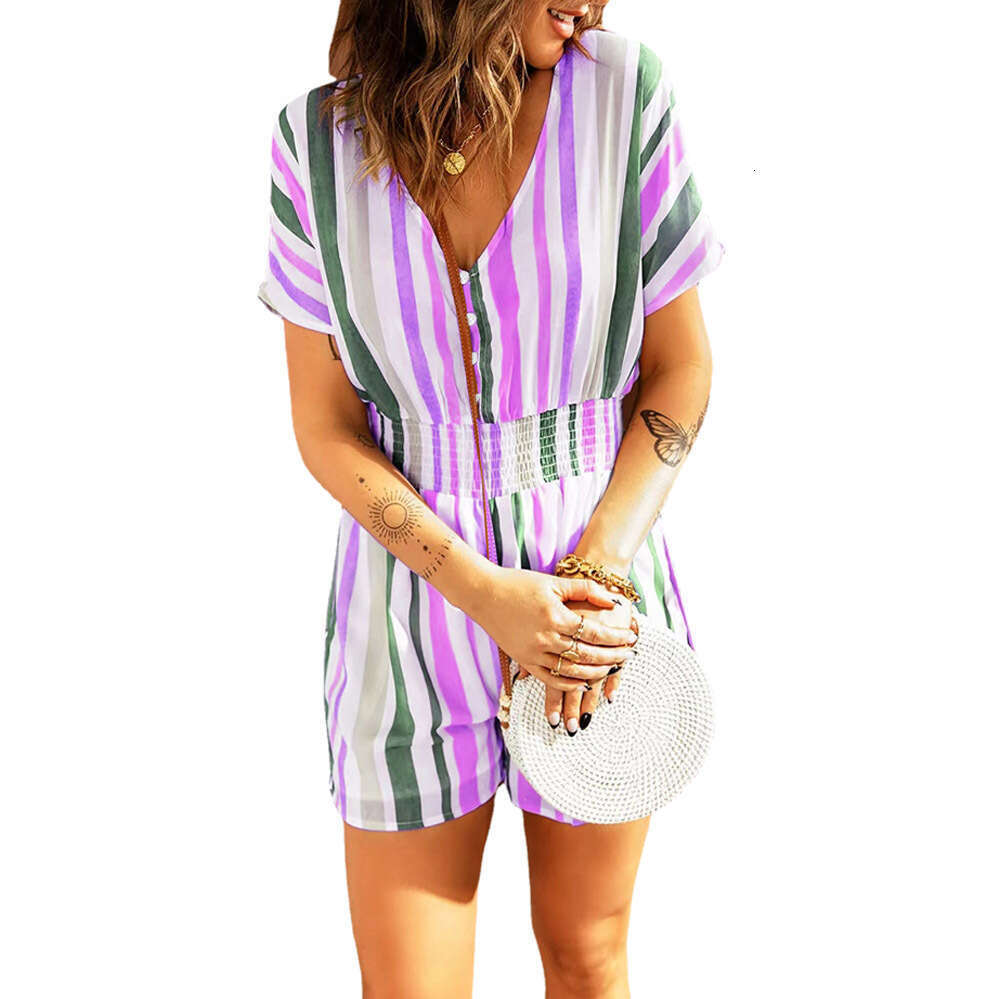 2023 Summer Fashion New Elastic Waist Stripe Printed V-neck Button jumpsuit for Women