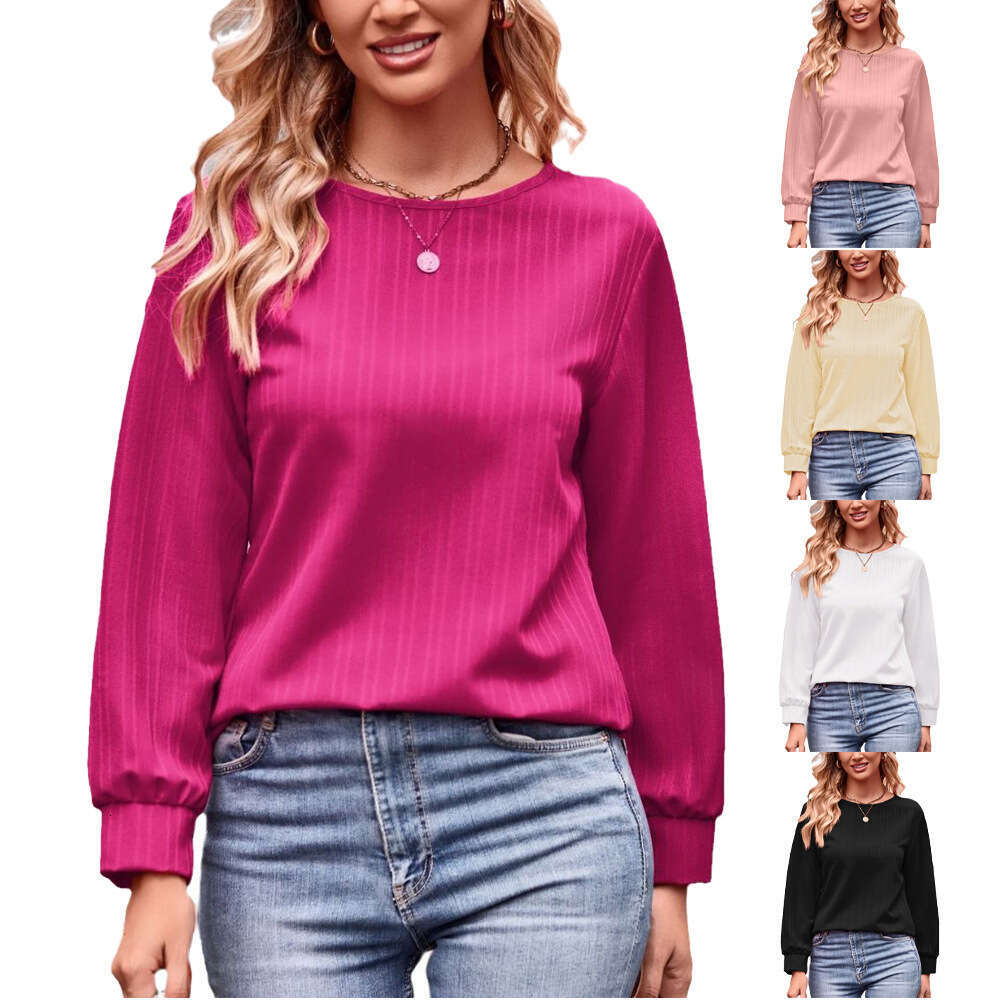 2024 Autumn New Womens Solid Color Double Line Jacquard T-shirt Long Sleeve Top