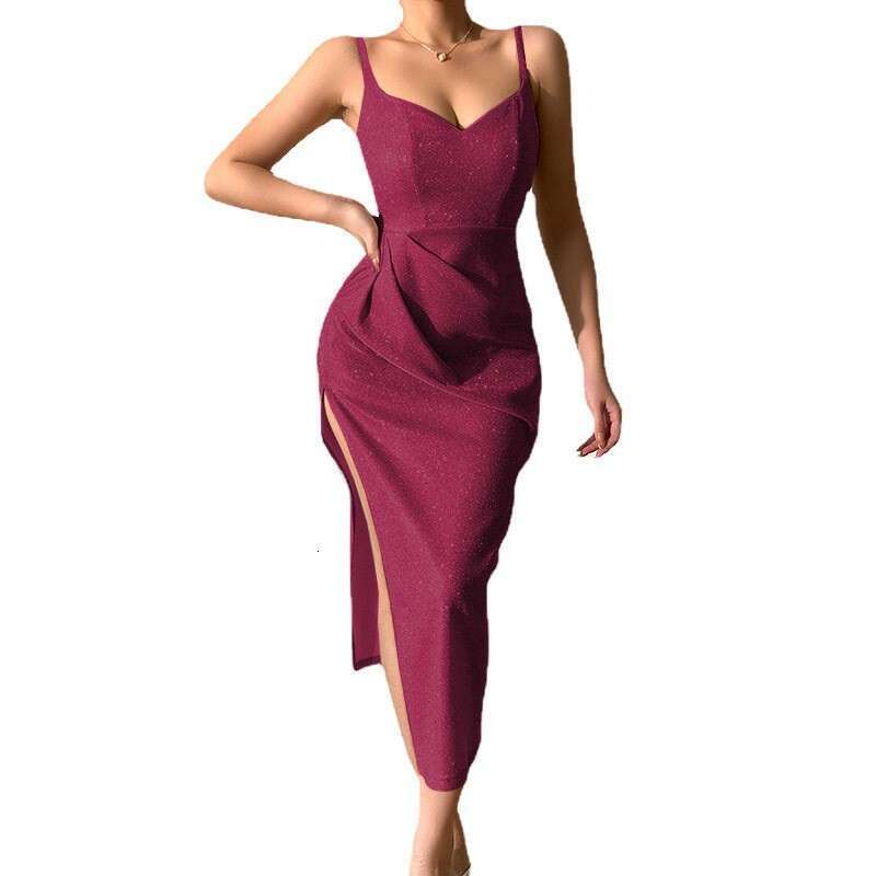 2023 Spring New Sparkling Pink Sexy Deep V Strap Split Style Long Dress Women