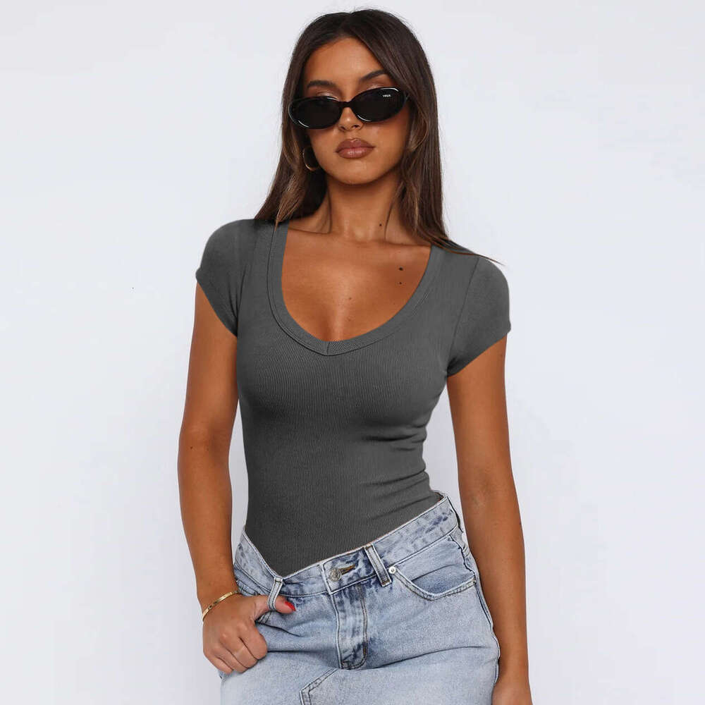 2024 Summer Women's Thread Pullover Solid Color Spicy Girl Dress Versatile Sexy Fashion Short sleeved Top for Women