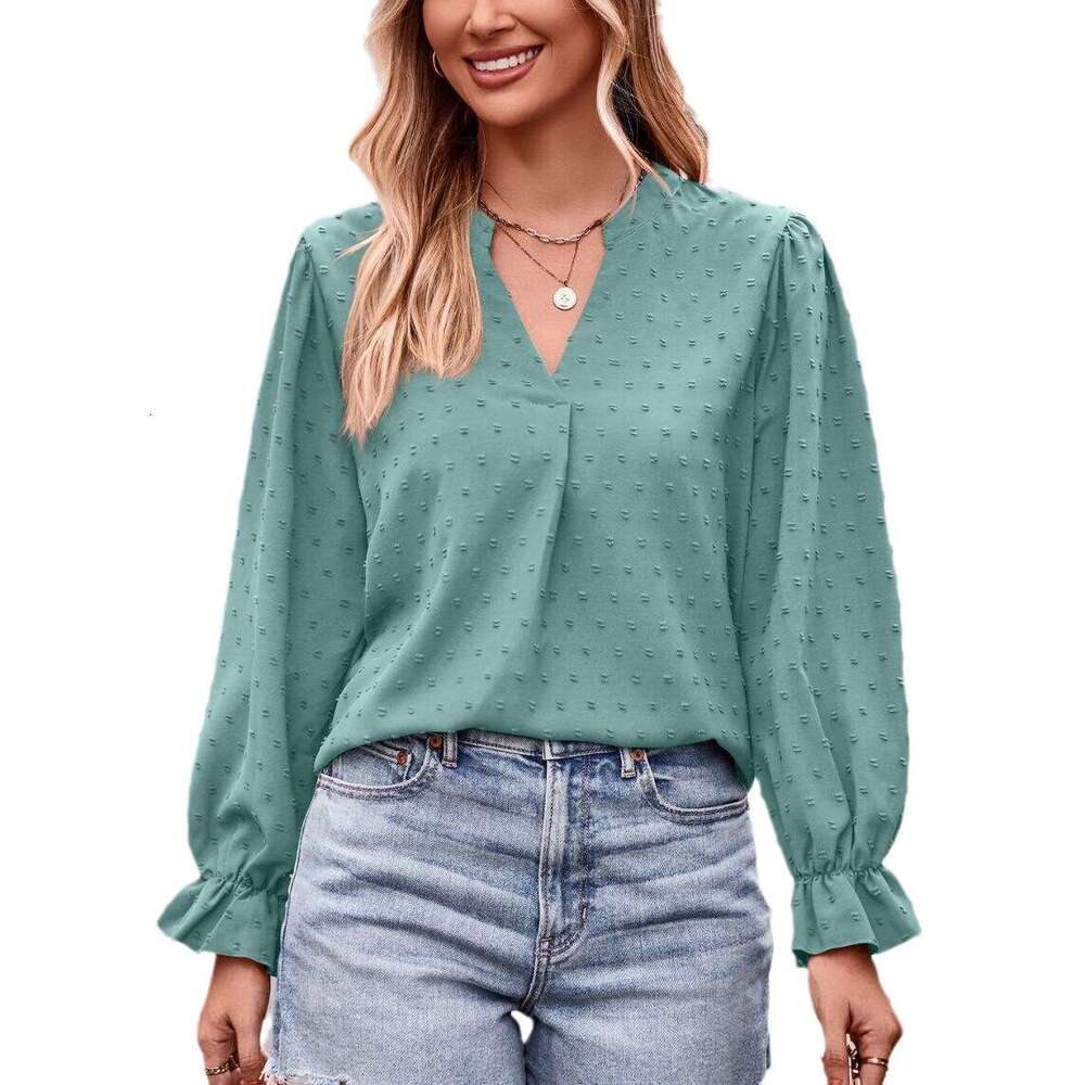 2024 Autumn New Womens Jacquard T-shirt V-neck Loose Long Umbrella Sleeve Top