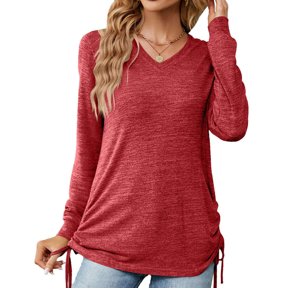2024 Autumn/Winter New Womens V-neck Pleated Solid Long Sleeve Loose T-shirt Top