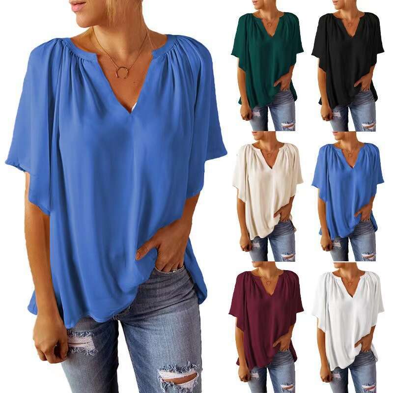 Spring/Summer New Loose Quarter Sleeve T-shirt Women's V-neck Pullover Top