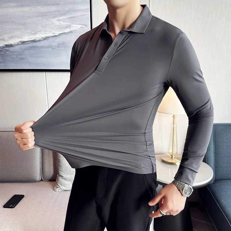 High Elasticity Men POLO Shirt 2023 Autumn Base Tops Ice Silk Fabric Solid Casual Long Sleeve POLO Shirt Casual Slim Fit T ShirtXJ240906