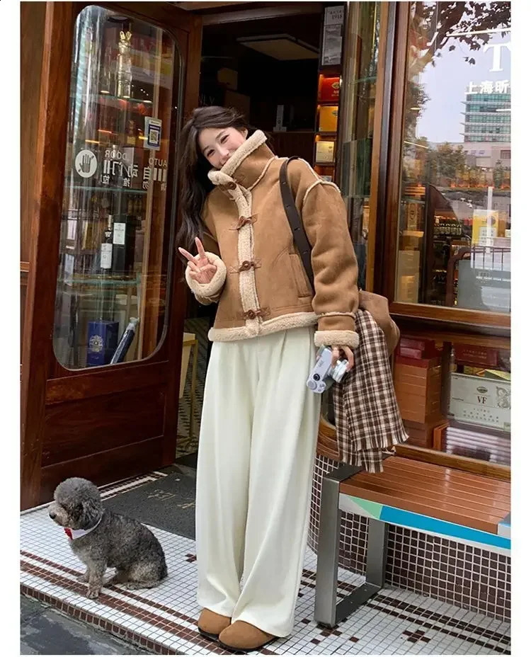 College style standing collar cashmere coat womens windproof and warm fur fashionable thick loose bicycle jacket 240905