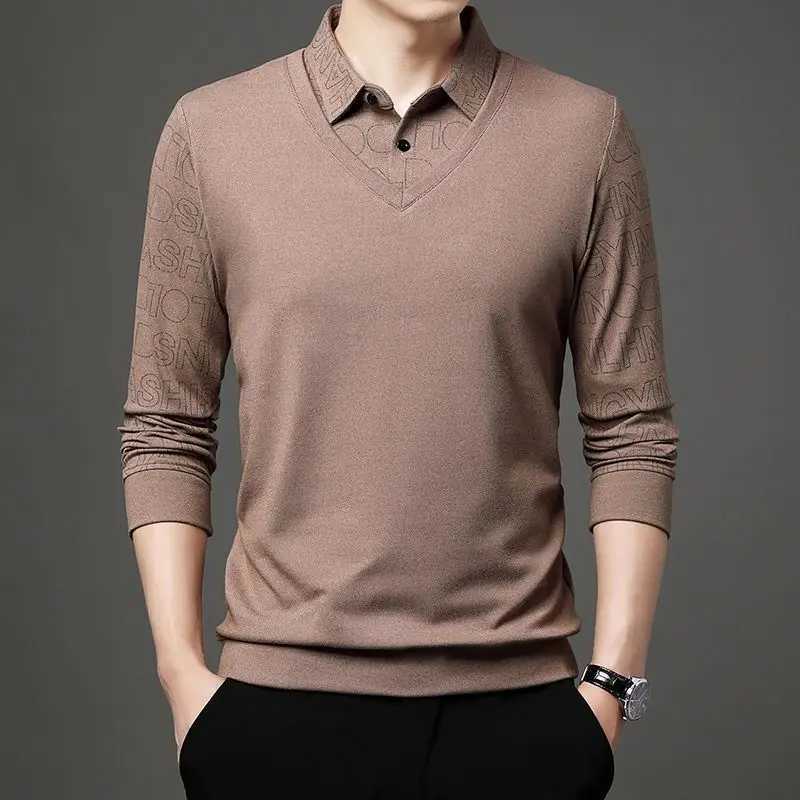 Autumn Winter 2023 New Smart Casual Turn-down Collar Long Sleeve T-Shirt Mens Clothing Fashion Buttons Pullover Patchwork TopsXJ240906