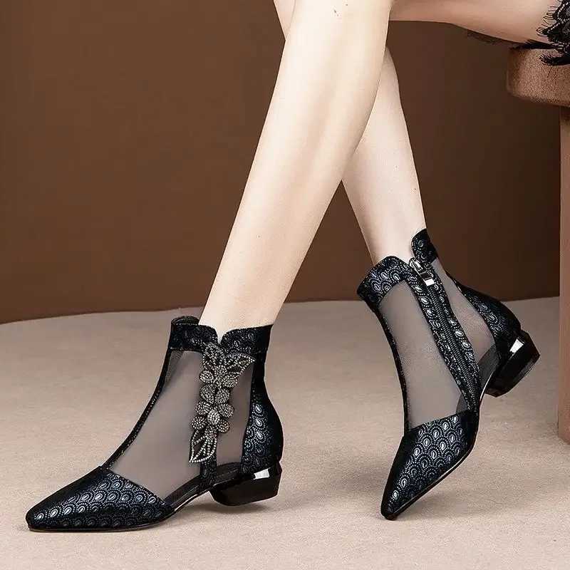 FHANCHU Womens Sandals Mid Heel Summer Mesh Shoes Soft Ankle Botas Rhinestone Corntoe Side Zipper Black Blue Down Jacket CL240906