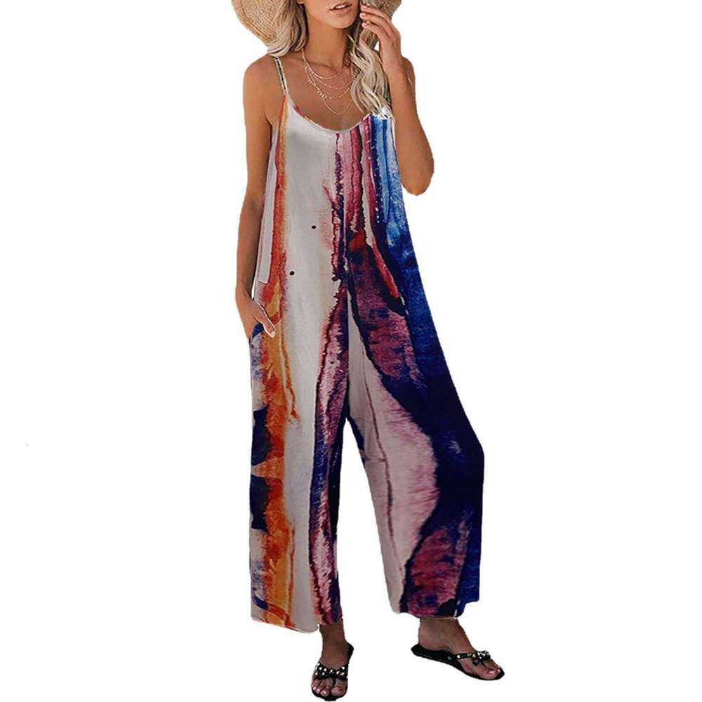 2023 Summer New Strap Women's Printed Pocket Casual Jumpsuit