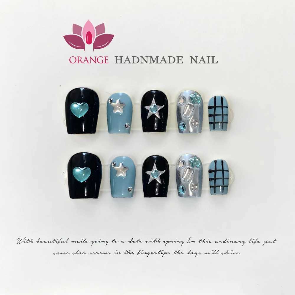 Handmade Korean Blue Pressing Nail Cute Reusable Decorative Fake Nail Full Cover Artificial Handmade Wearable Orange Nail Shop W240905