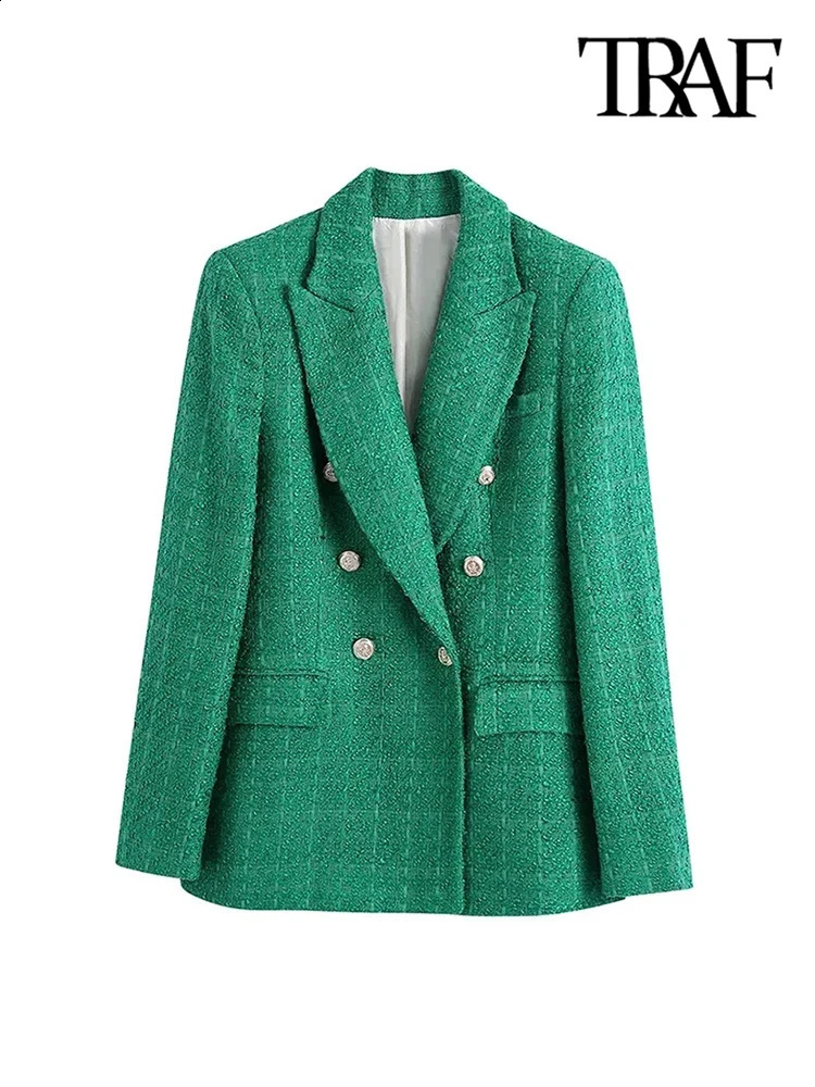 TRAF Women Fashion Double Breasted Tweed Green Blazer Coat Vintage Long Sleeve Flap Pockets Female Outerwear Chic Veste 240904