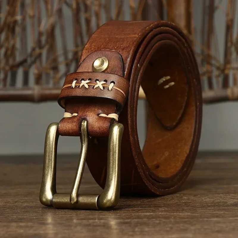 3.8CM mens high-quality genuine leather belt luxury designer brass pin buckle belt pure denim retro shoulder strap mens jeans W240905