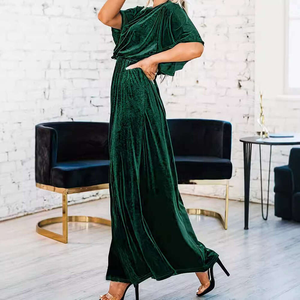 2024 French First Love New Spring and Summer Short Sleeve Sexy Charm Gold Velvet Round Neck Dress