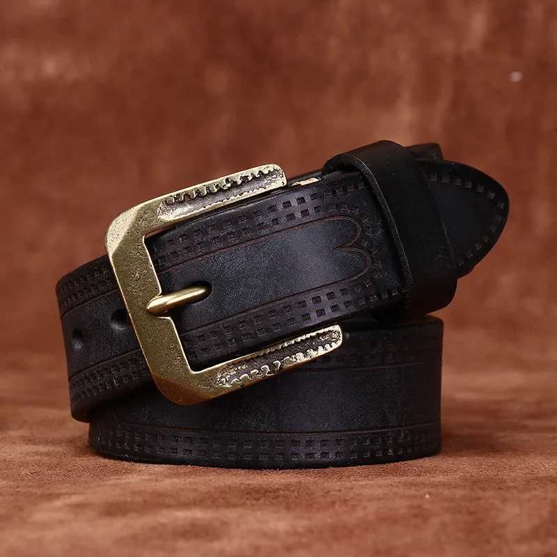 Classic leather mens belt with vintage brass buckle W240905