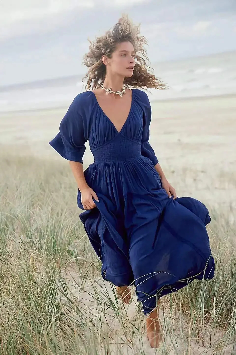 Arrival Solid Color Long Beach Dress Sexy V-neck High Waist Chiffon Dress Flame Sleeves Summer Vestidos Sleeveless 240906