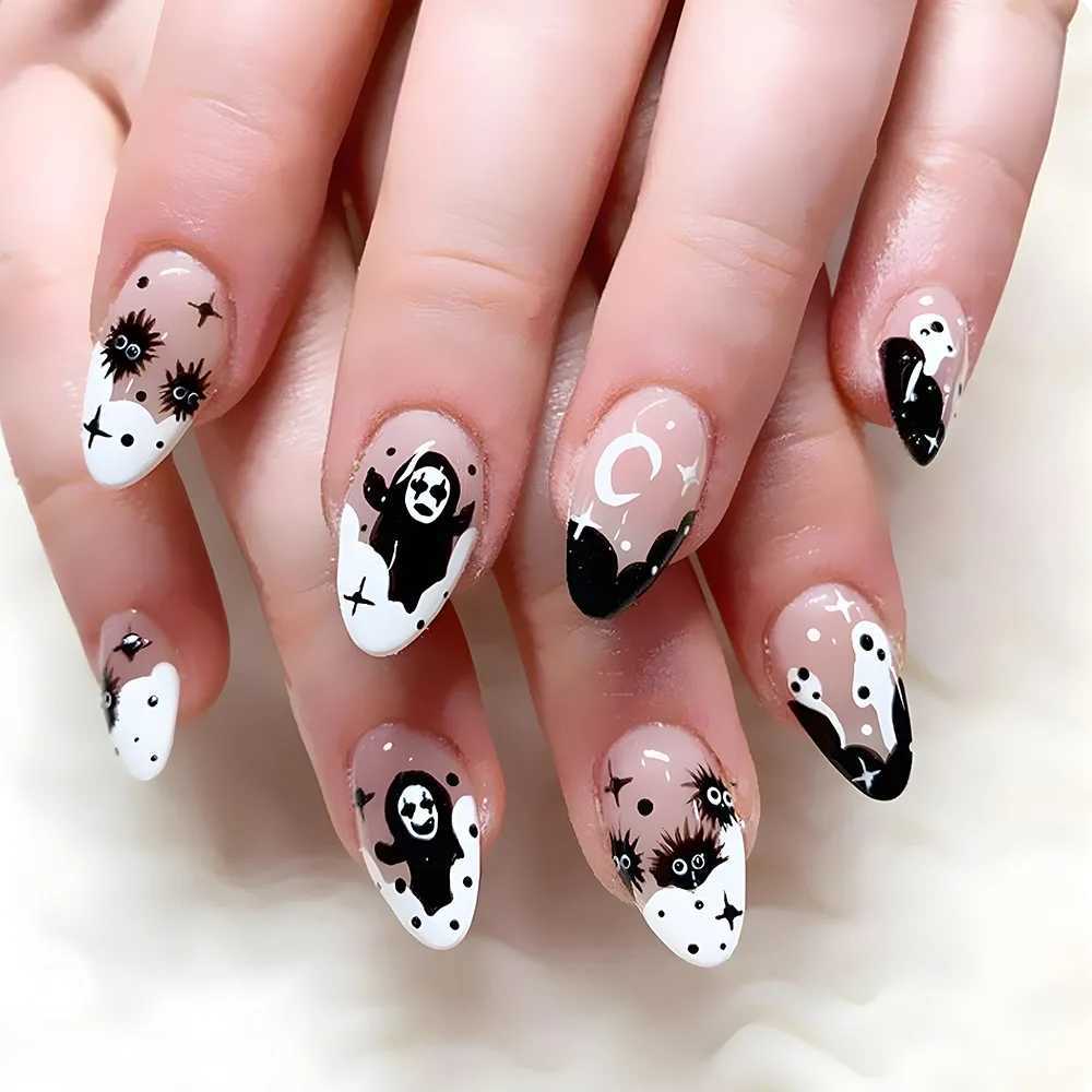 24 Halloween almond fake nails with adhesive flame ghost design fake nail tips oval shaped pressure machine on nails fully covered ergonomic design W2