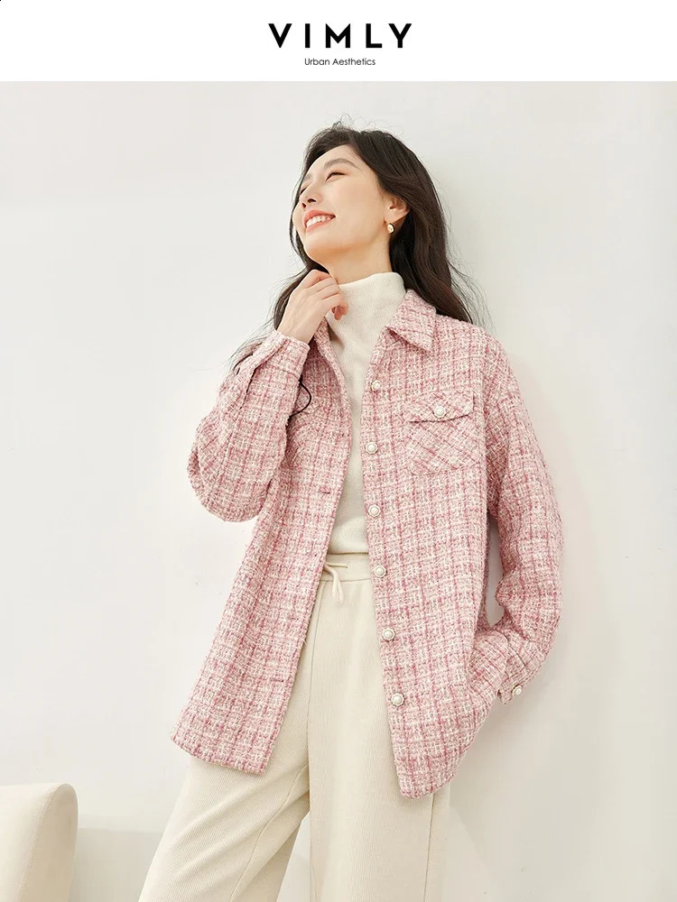 Vimly Winter Pink Tweed Quilted Jackets Women Straight Thick Single Breasted Long Sleeve Overshirts Female Clothing M3599 240904