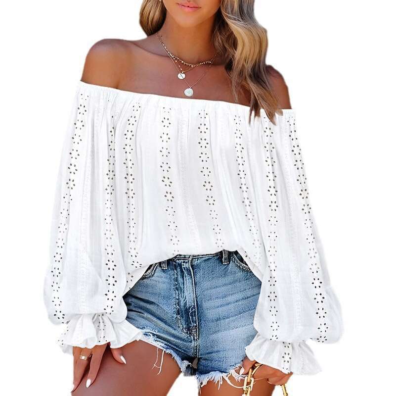 Fashion women's 2024 autumn new style hollowed out one shoulder lantern sleeve top