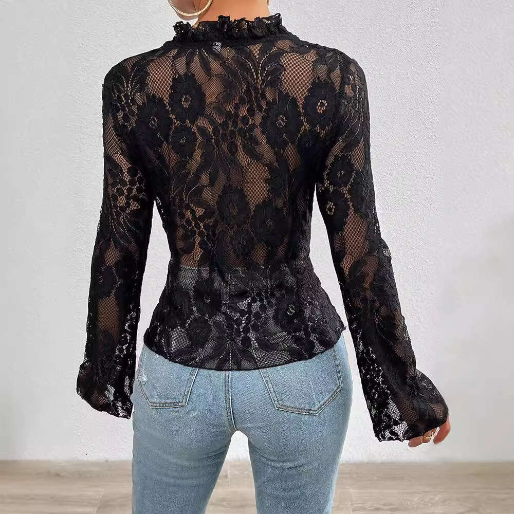 Women's 2024 autumn sexy slim fit long sleeved cardigan lace top for women