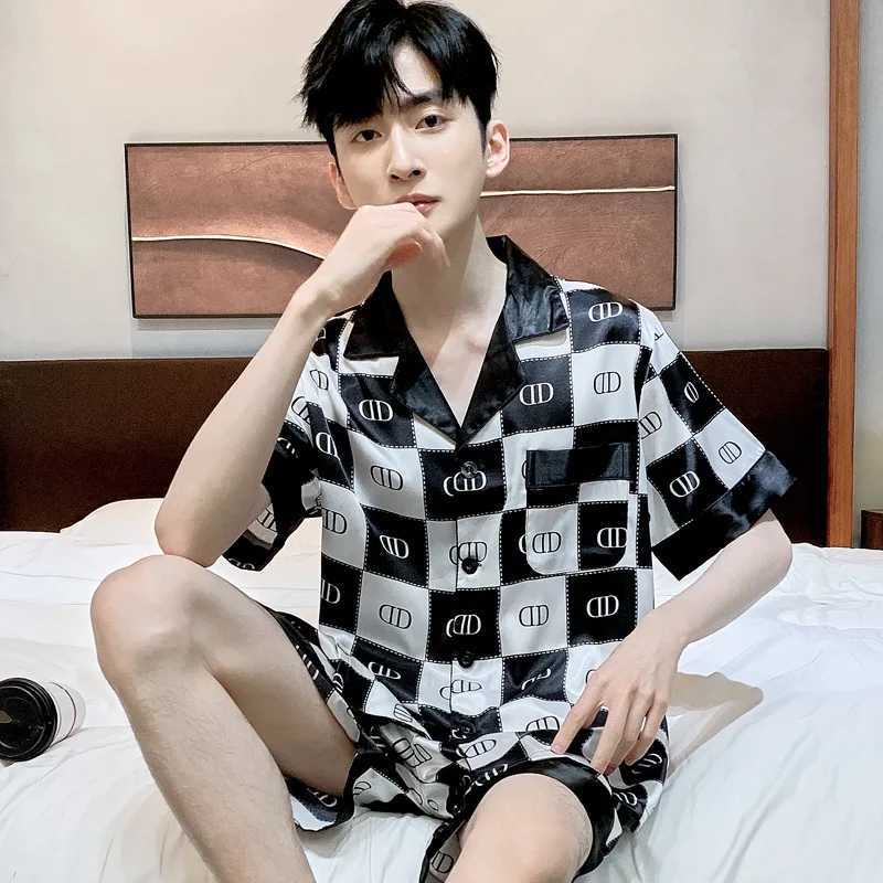 New Pajamas Set Mens SummerHigh Quality Ice Silk Short Sleeve Night Wear Thin Satin Sleepwear Male Home Clothing Pyjamas Teen Y240906