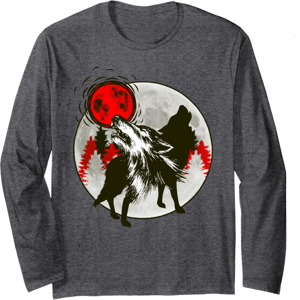 Long Sleeve Shirts for Men sweatshirt Wolves Howling At Red Moon Silhouette Wildlife Gift Long Sleeve Tee Streetwear Casual tops clothes