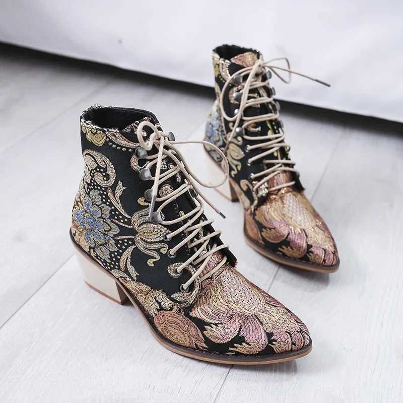 Ethnic Womens Boots 2024 Spring/Summer Embroidered Dot Toe Platform High Heels Womens Fashion Ankle Boots Botas De Mujer CL240906