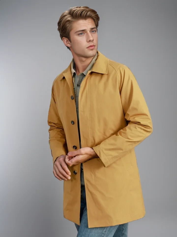 2024 mens windbreaker spring and autumn solid color longsleeved lapel coat singlebreasted casual long thin 240906