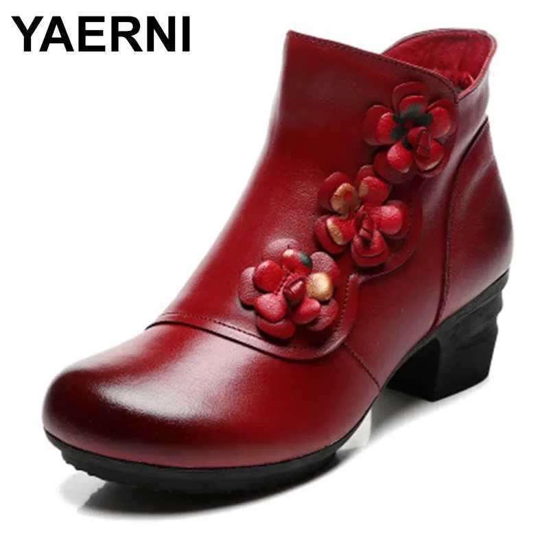Yalni Autumn Winter Shoes Womens Cowboy Leather Flower Shoes Comfortable Med Heel Ankle Boots Leather Fashion Shoes Women CL240906