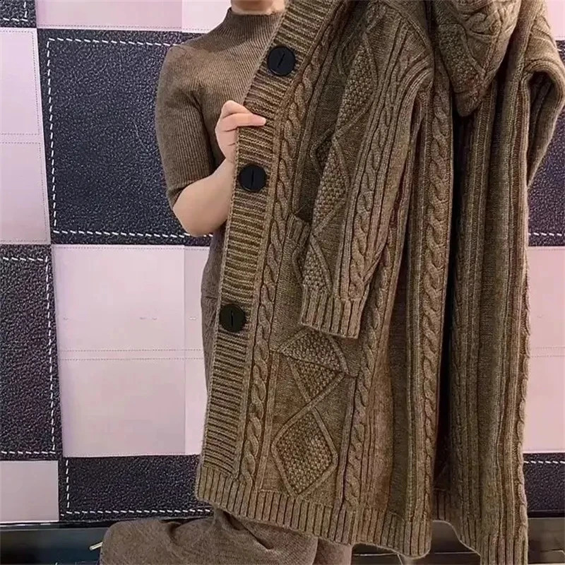 Autumn jacquard twisted hooded cardigan womens long single chest knitted M5XL 240905