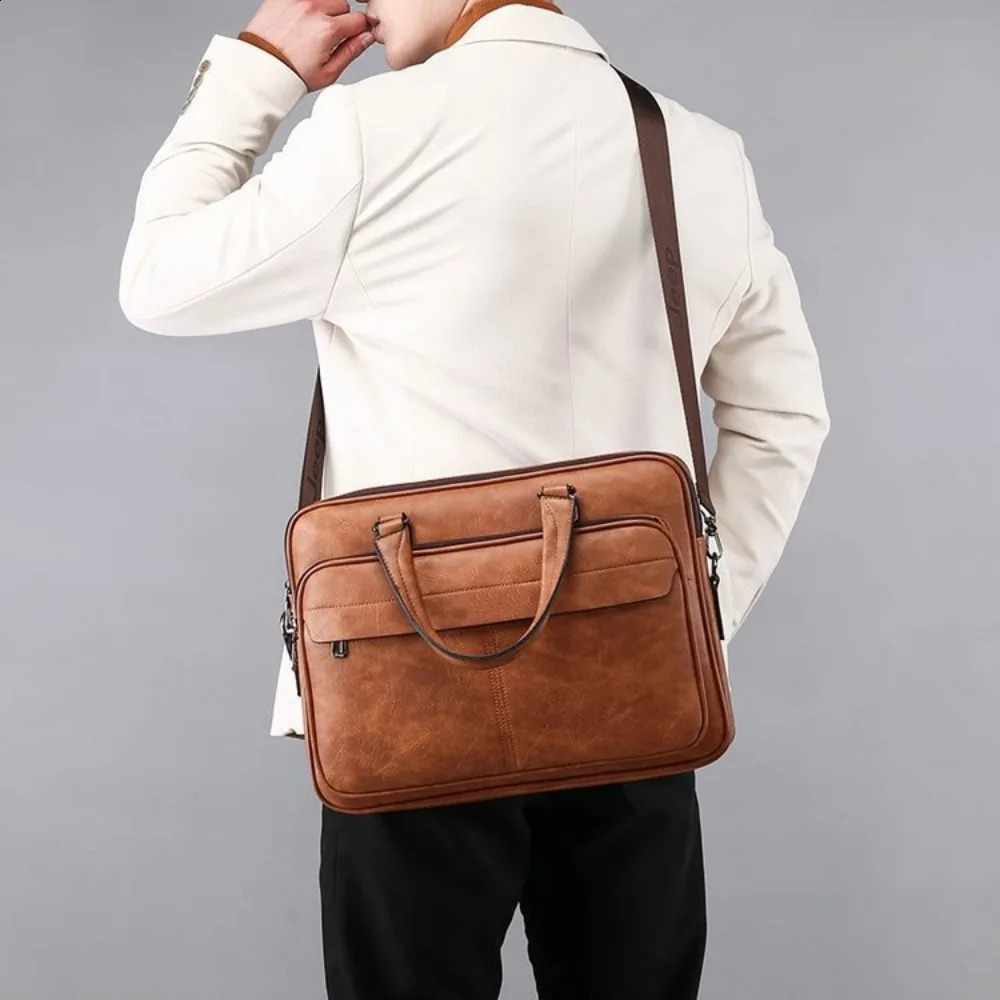 Mens business bag large capacity Pu leather y briefcase handbag Bolsas black waterproof shoulder cross body 240906