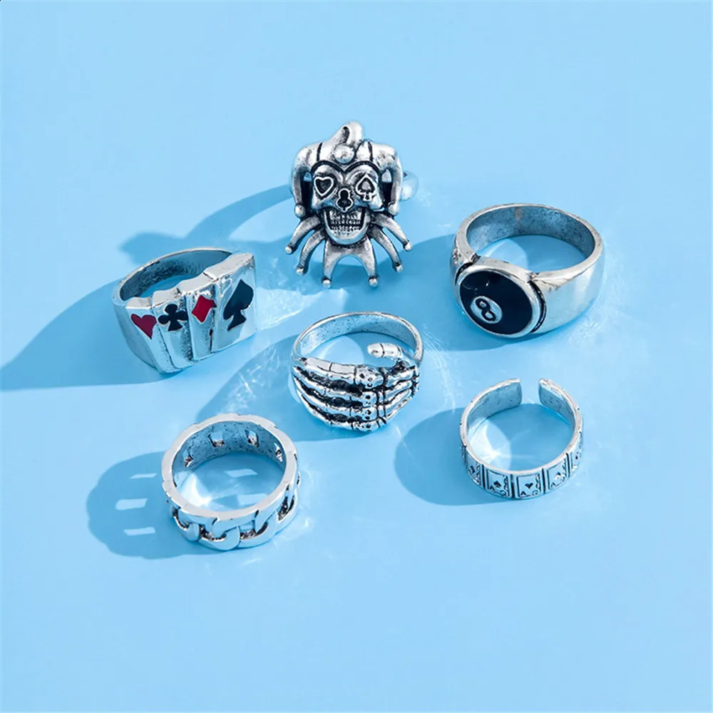 6 pieces of punk poker clown silver ring mens gothic skeleton billiards set couple emoticons fashion jewelry gift 240905
