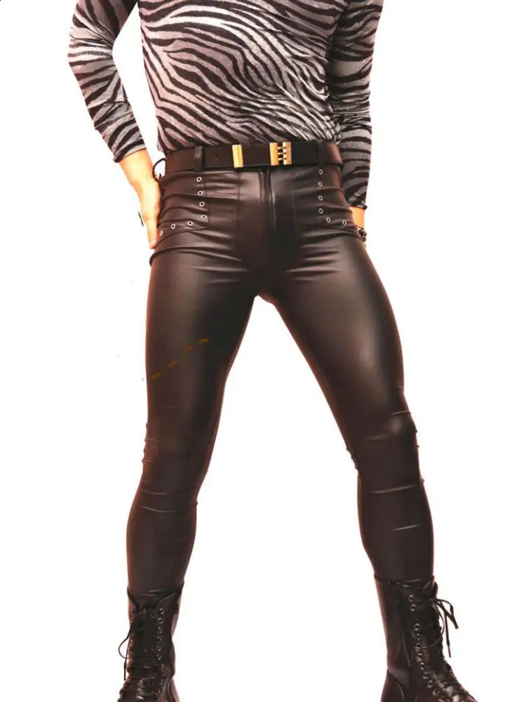 Mens Fashion Eye Rivet Conveyor Bag PU Leather Jeans Tight Pencil Pants Punk Leg Motorcycle Trouser Spodnie Pantalon 240905