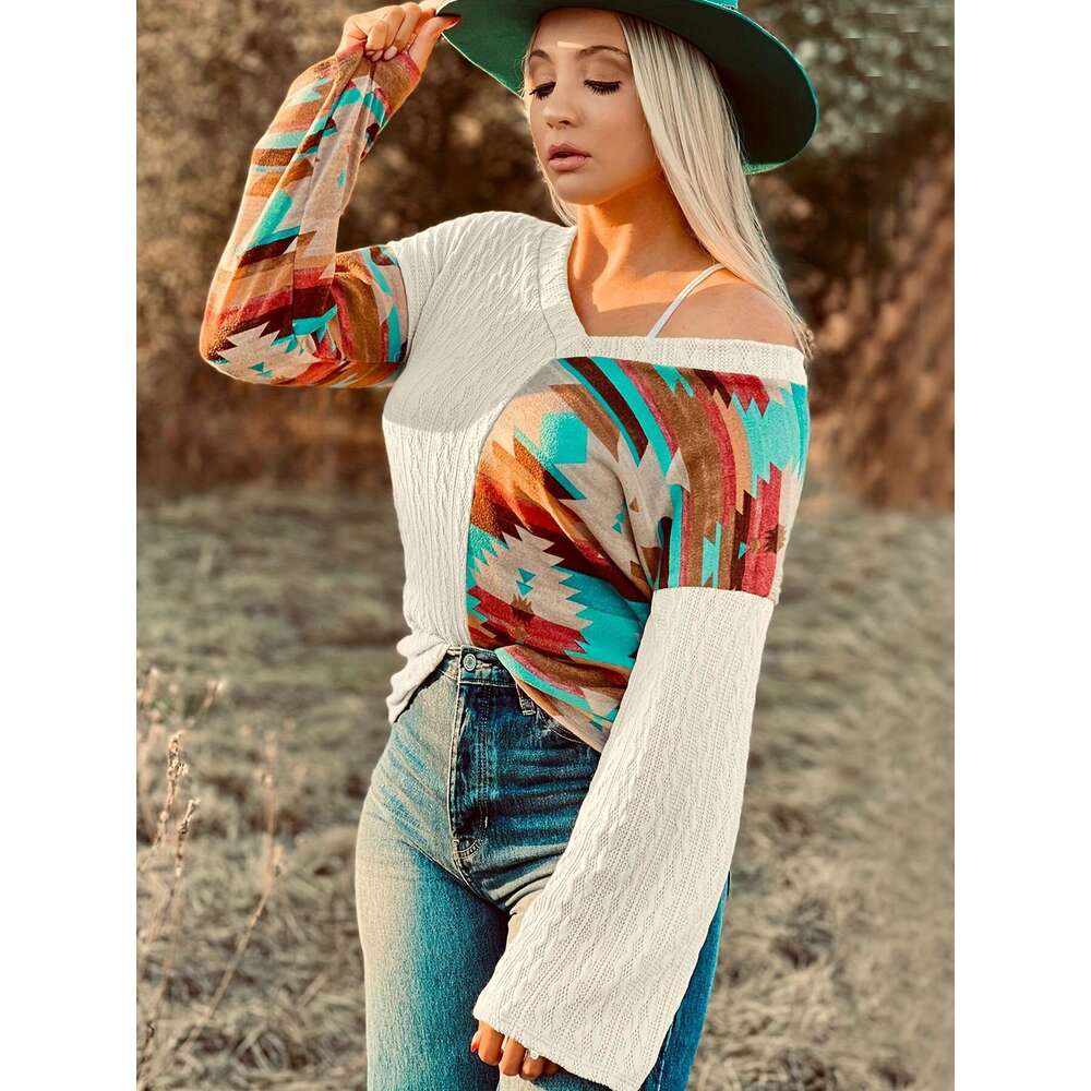 2024 Autumn/Winter New Knitted Hoodie Women's Personalized Splicing Printed Sweater Long Sleeve Women