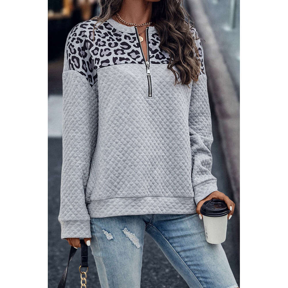 Fashion winter new leopard print patchwork shoulder zipper sweatshirt 2024 casual warm long sleeved top for women