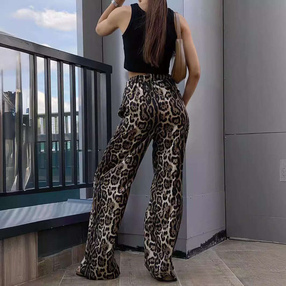 Fashionable explosive street leopard print high waisted wide leg for women in spring 2024 loose floor casual pants
