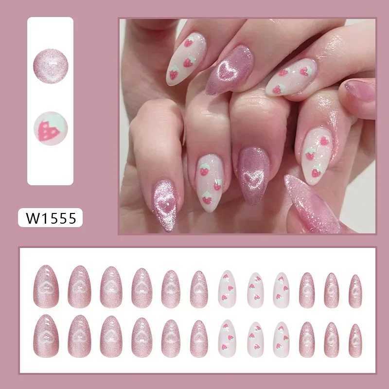 24 almond shaped pressed nails with cute strawberry heart design medium length pearl finish mixed shadows fake nails W240905